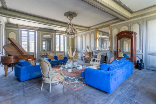 EcoLogis de Chantegrolle : Le grand salon avec ses 4 miroirs qui se font face, ses moulures du 18e, ses fenêtres d'origine