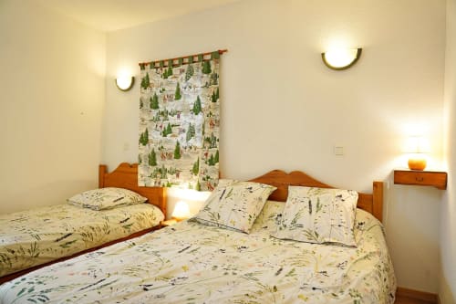Chambre douillet à L'étape Du Fanfoué à Chamrousse avec lits jumeaux, parure forestière et éclairage chaleureux