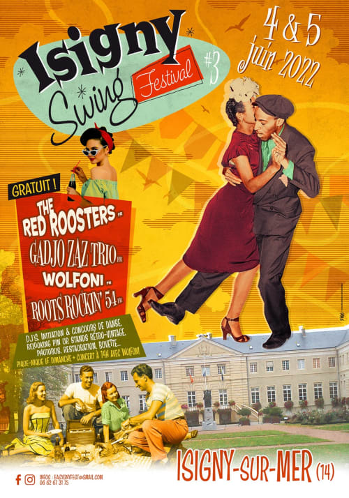 Isigny Swing Festival 4-5 June 2022 poster featuring vintage dancing couple and live bands in Isigny-sur-Mer