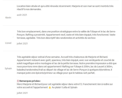 Avis des clients pour l'appartement de Marjorie au Lauzet-Ubaye, louant la localisation, les équipements et l'hospitalité
