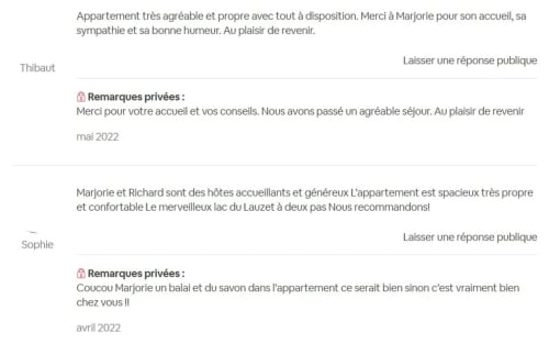 Avis clients de la maison d'hôtes de Marjorie au Lauzet-Ubaye louant le confort de l'appartement et l'hospitalité