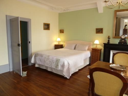 Habitación Montespan en el Château De Clusors con cama queen, paredes de acento verde, muebles de madera y vista al jardín en St Menoux