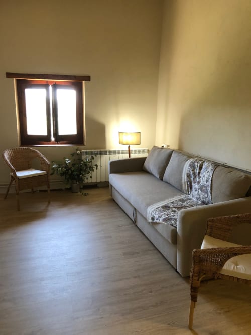 La habitación L'Isard en Casa Tapiolas en Molló cuenta con una acogedora sala con sofá y sillones, vistas a la montaña y una atmósfera cálida