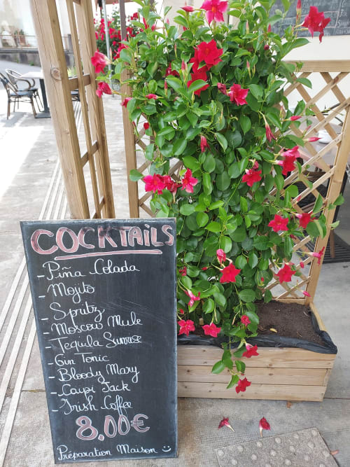 Panneau de menu cocktails à l'auberge Le Comtois en Saône, France, avec des fleurs roses éclatantes sur un treillis en bois