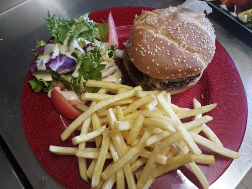 Burger aux graines de sésame, salade de jeunes feuilles et frites à Le Comtois, Saône