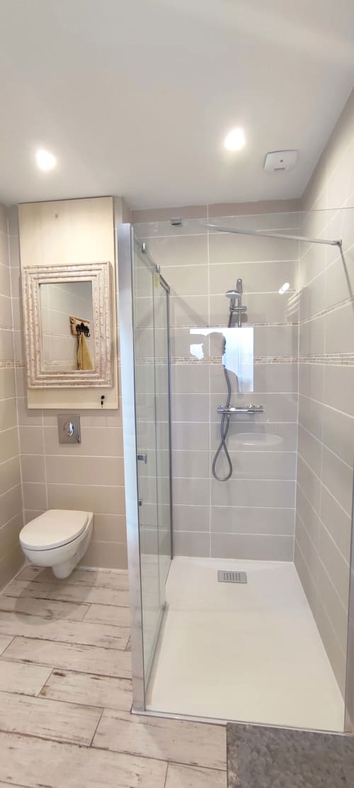Modern bathroom with walk-in shower, toilet, and vanity mirror at Aux Prés Du Berry cottage