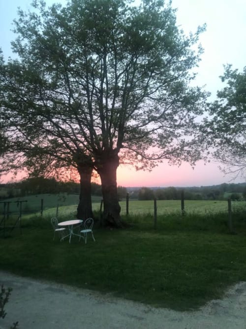 Sunset garden view at Logis De La Bénétière with seating under an ancient tree, Treize-Vents