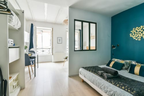 R appartements - Strasbourg - location d'appartements- Fenêtresukrut- appartement T1- chambre- cuisine équipée- vue pièce principale- chambre- salon- dressing- 