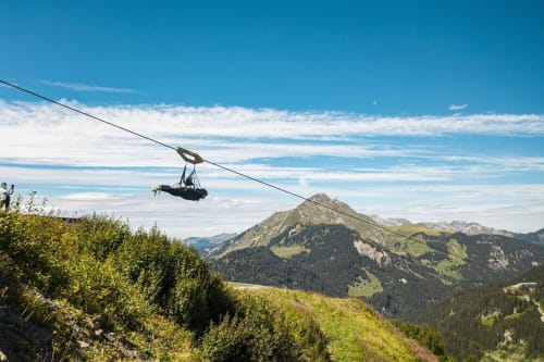 fantasticable, tyrolienne, montagne, sommet du Mont-de-Grange, été, Châtel