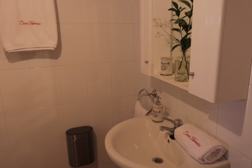 Lavabo del cuarto de baño de Casa Tapiolas en la habitación L'Esquirol, Molló, con azulejos blancos, espejo y artículos de tocador de marca