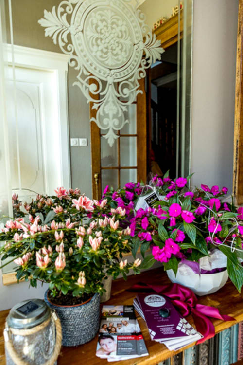 Enter Clos d’Azel with its Venetian mirror and pink and magenta flowers on a wooden console table in Alsace