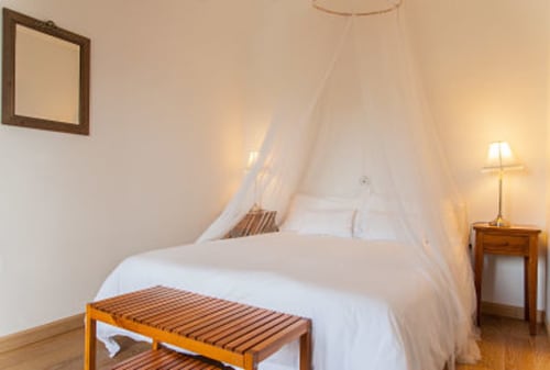Elegant bedroom at Casa Rural La Perla with white canopy bed, wooden bench, nightstand lamp, and garden view in