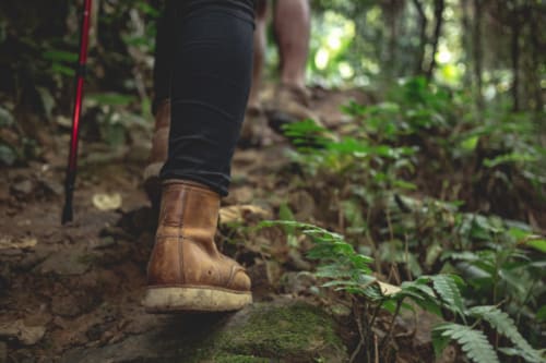 Senderista con botas marrones en un sendero forestal cerca de Casa Rural La Perla, Hiendelaencina, España