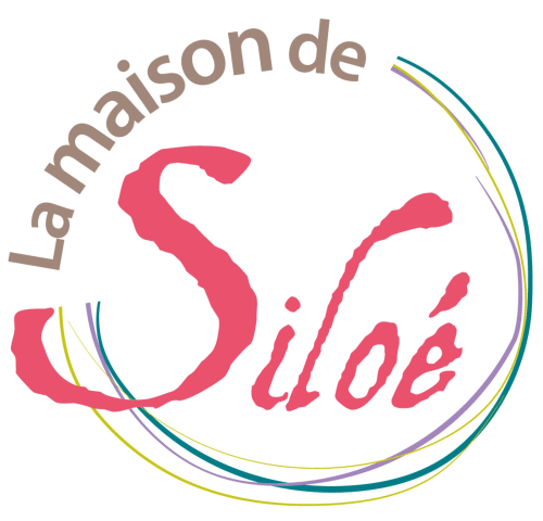Logo de La Maison de Siloé avec texte rose et lignes courbes colorées, chambre d'hôtes à Villefranche-de-Rouergue, France