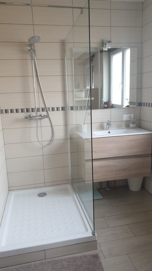 Modernes Badezimmer mit begehbarer Dusche, Waschtisch und Spiegel im Cottage La Tour De L'ill in Straßburg