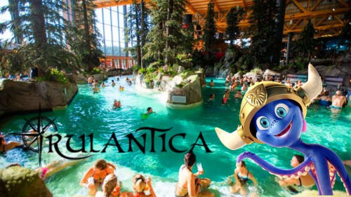 Parc aquatique Rulantica, piscine tropicale intérieure avec mascotte pieuvre bleue, Strasbourg