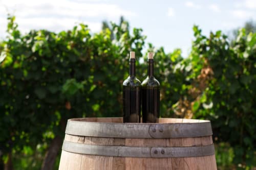 Deux bouteilles de vin sur un fût en bois avec vignoble en arrière-plan à La Ferme du Bonheur, Arbigny