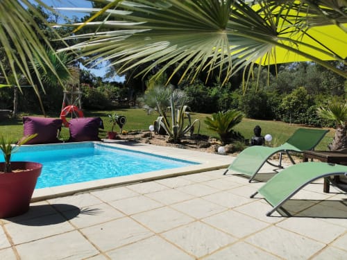 Espace piscine du Domaine à l'Aise avec chaises longues, palmiers et jardins luxuriants à Saint-Pargoire