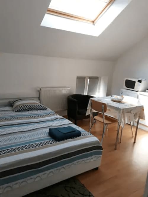 Chambre lumineuse sous les toits à la Résidence Mantekila à Marcinelle avec velux, lit, bureau, micro-ondes et parquet