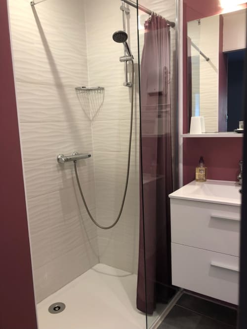 Salle de bain moderne à La Ferme du Bonheur B&B à Arbigny avec douche à l'italienne, vasque blanche et murs accentués de bordeaux