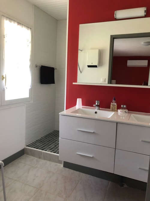 Salle de bain moderne à La Ferme du Bonheur : vasque blanche, mur d'accent rouge, miroir et douche à Arbigny