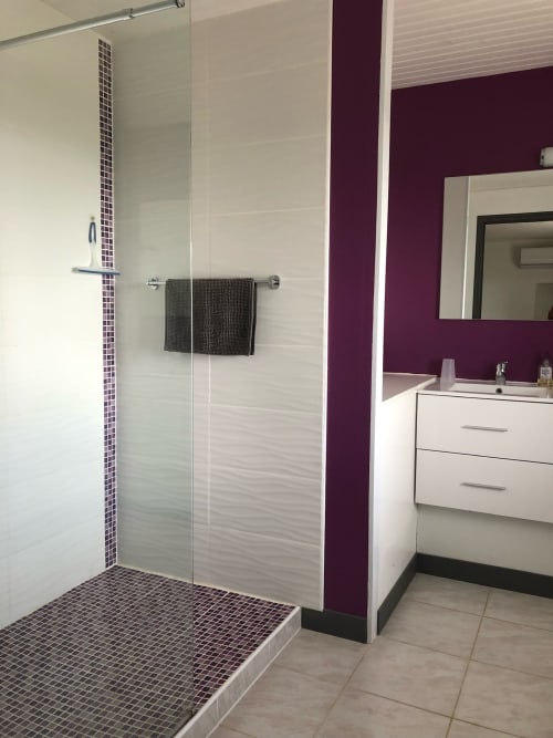 Salle de bain moderne avec douche à l'italienne, sol en carrelage mosaïque noir, meuble vasque blanc et mur d'accent prune à La Ferme du Bonheur