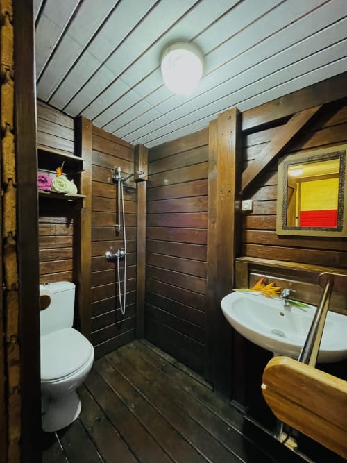 Salle de bains rustique avec douche, lavabo et toilettes au gîte Les Hauts De Deshaies à Deshaies