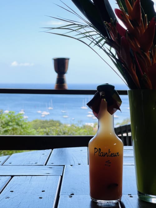 Bouteille de rhum Planteur avec vue sur la mer depuis le balcon du gîte Les Hauts De Deshaies, Deshaies