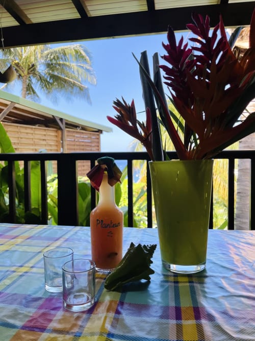 Table dressée tropical aux Hauts de Deshaies avec fleurs rouges, boissons et vue sur la mer de Deshaies