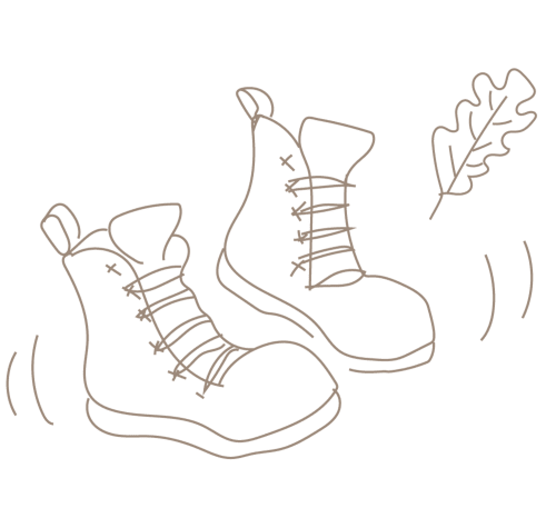 Bottes de randonnée et feuilles dessinées à la main pour La Maison De Siloe, un gîte à Villefranche de Rouergue, France.