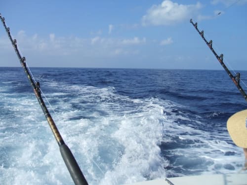 Cannes à pêche sur un bateau au large de Deshaies, Guadeloupe avec vagues océaniques et ciel dégagé