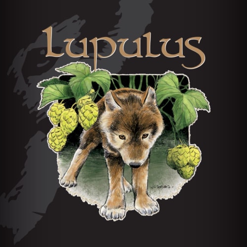 Logo de la brasserie Lupulus avec un loup et des plants de houblon, Le Moulin Des Ramiers Crupet Belgique