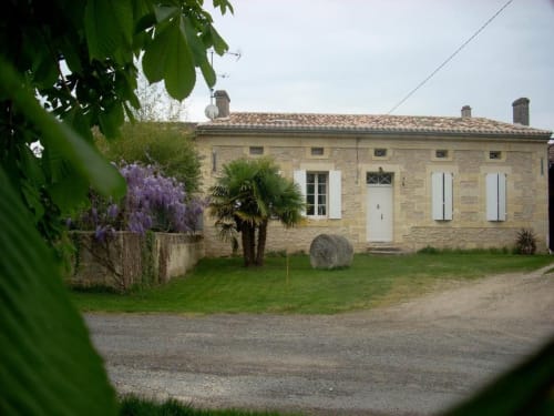 Sous Les Marronniers B&B à Petit Palais Cornemps : Chaumière en pierre aux volets blancs, palmiers et glycine en fleur