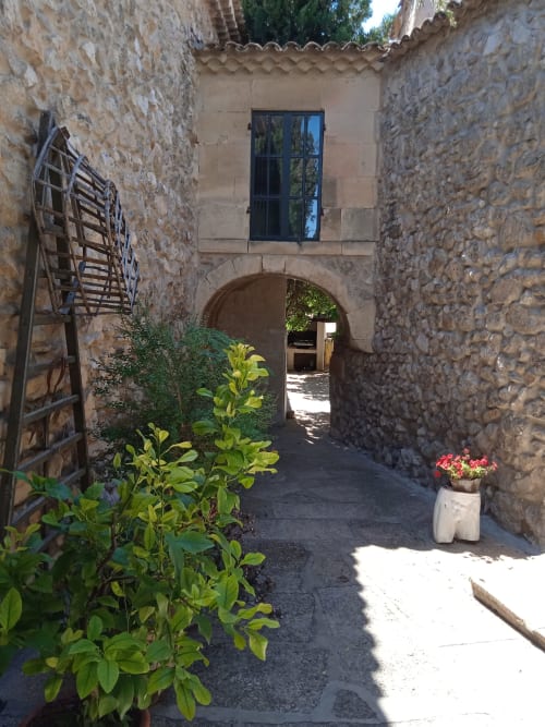 Stone courtyard at Mas des Artistes in Mouriès with arched passageway, potted flowers, and rustic architecture