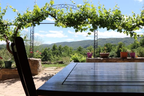 Terraza con mesa de madera y pérgola cubierta de vides con vistas a las montañas en Casa Lafuente, Araba