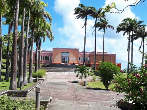 Résidence Les 2 Moulins BnB au Moule en Guadeloupe : bâtiment en terre cuite avec palmiers et jardins aménagés