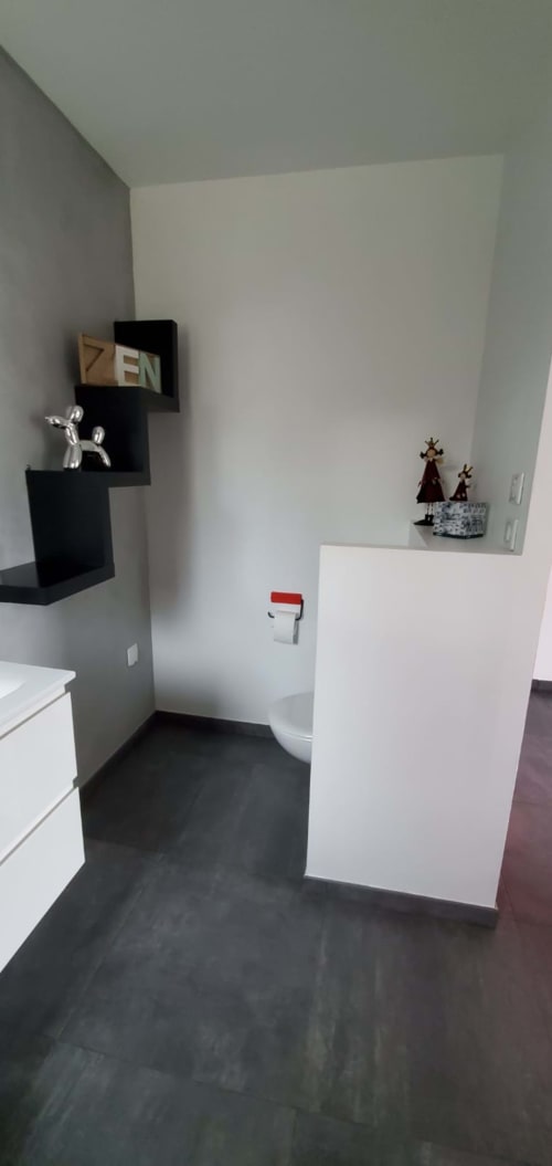 Salle de bain moderne au gîte Chez Anne Marie à Beausemblant avec murs blancs, sol sombre, toilettes et rangements décoriatifs