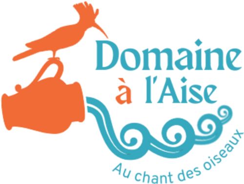 Logo Domaine à l'Aise : oiseau orange et arrosoir avec vagues turquoise, Saint-Pargoire