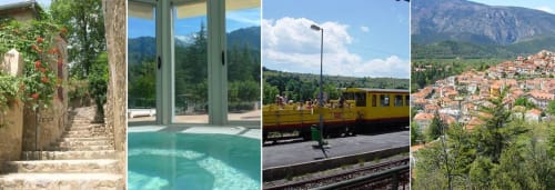 Chambres d'hôtes Les2lions à Vernet-les-Bains : ruelles en pierre, piscine avec vue montagne, petit train local, flanc de colline
