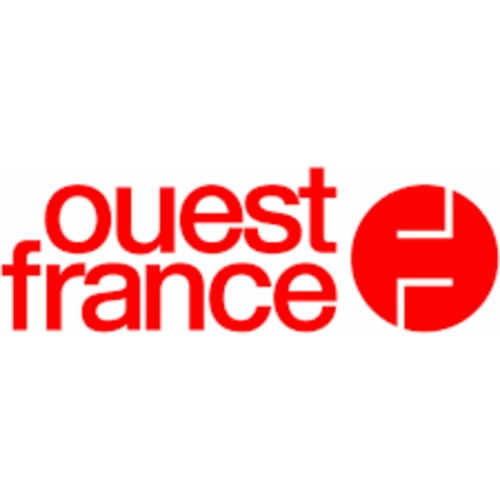 Logo Ouest France in rosso con elemento di design circolare