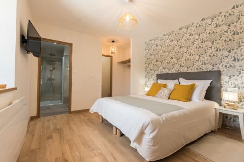 Chambre moderne à La Vallee Joly avec salle d'eau privée, télévision et papier peint à motifs