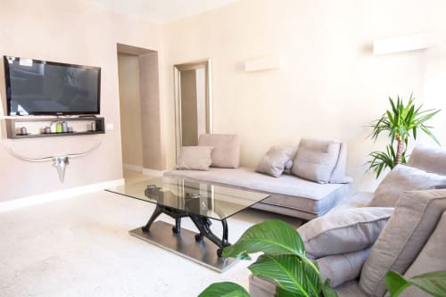 Soggiorno moderno negli Appartamenti Petra Roma con divano grigio, tavolino in vetro, TV a parete e piante verdi