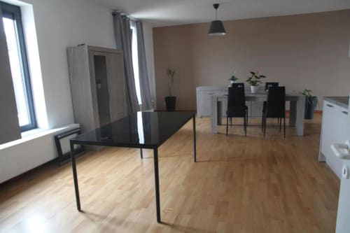 Moderna zona living e pranzo con pavimenti in legno, tavolo nero, mobili bianchi per l'archiviazione e piante in vaso