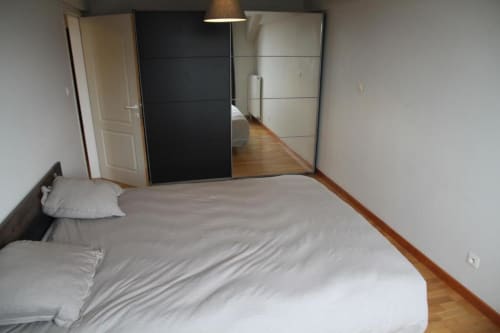 Camera da letto moderna nell'appartamento Courcelles con letto queen, armadio con specchio, pavimenti in legno e illuminazione a sospensione