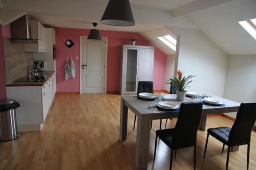Modern apartment dining and kitchen area with red accent wall, wooden flooring, and black pendant lighting at Appartements