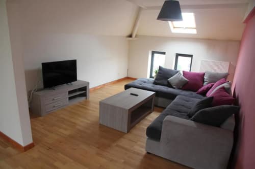 Modern apartment living room with gray sectional sofa, flat-screen TV, wooden flooring, and pink accent wall at Appartements