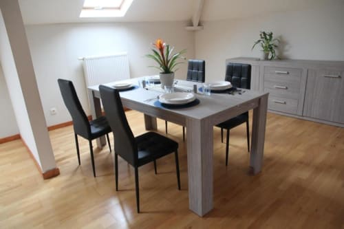 Modern dining area in Courcelles apartment with wooden table, black chairs, and skylight