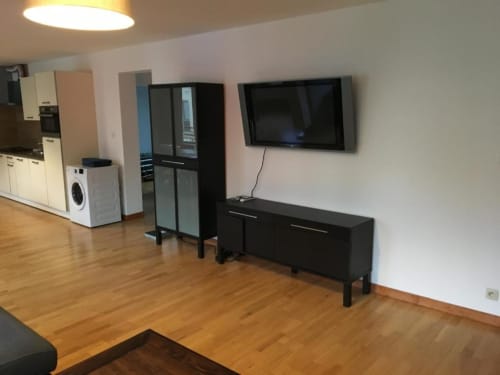 Modern apartment living room with flat screen TV, black TV stand, kitchen area, washing machine, and wooden flooring at