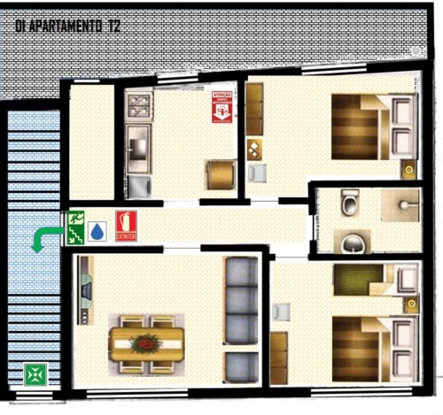Floor plan of 1-bedroom apartment at Armação Beach Residences in Portugal, featuring living area, kitchen, bathroom, and