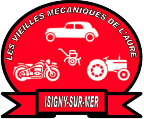 Old vehicle mechanics emblem for Isigny-sur-Mer, France with car, motorcycle, and tractor icons